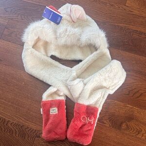 Cozy Cream and Red Kids Scarf Hat with Mittens